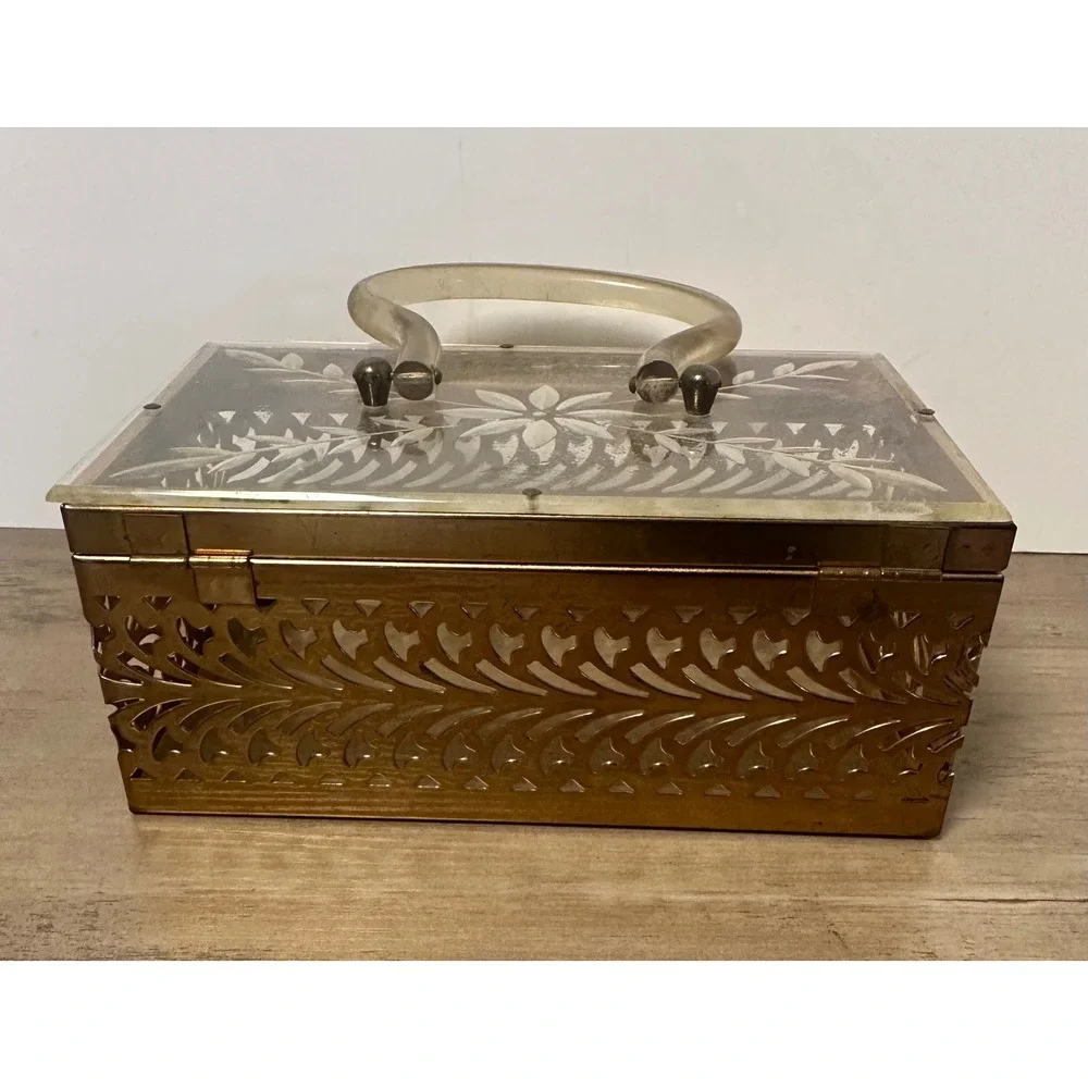 Vintage Metal‎ Filigree Vanity Box Case Rectangular Lucite Handle Purse READ